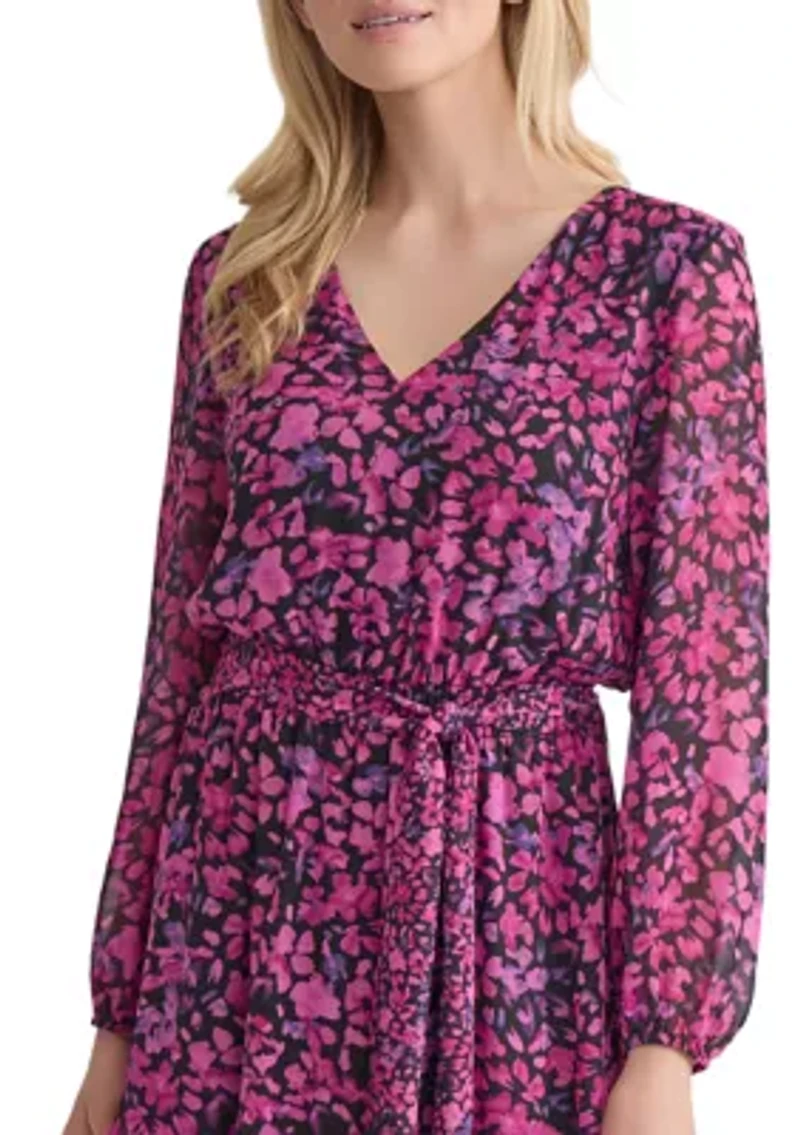 Women's Mini Floral Printed Long Sleeve Tiered Dress
