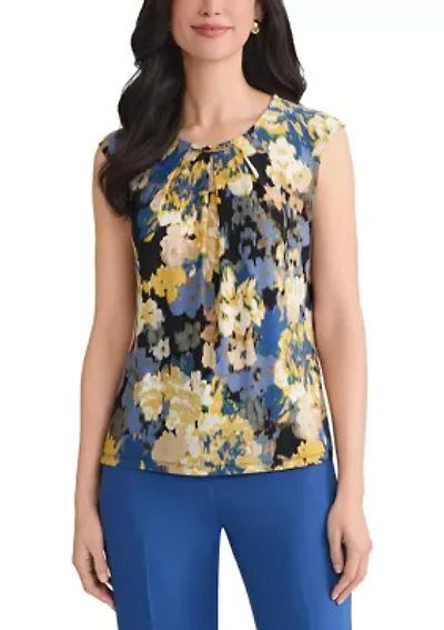 Women's Multi Floral Pleat Neck Knit Top with Hardware