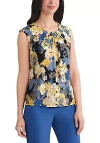 Women's Multi Floral Pleat Neck Knit Top with Hardware