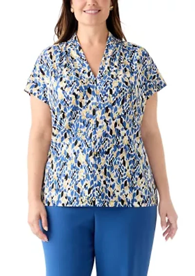 Plus Multi Print Funnel Neck Knit Top