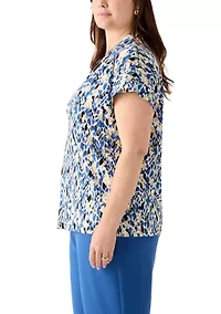 Plus Multi Print Funnel Neck Knit Top