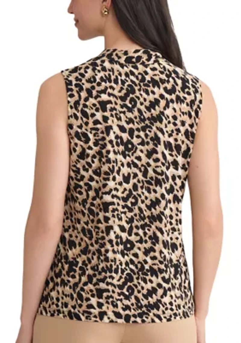 Women's Animal Print Knot Neck Knit Top