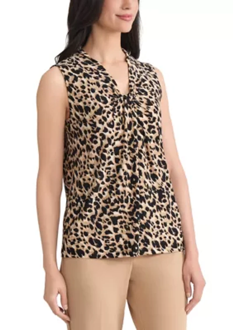Women's Animal Print Knot Neck Knit Top