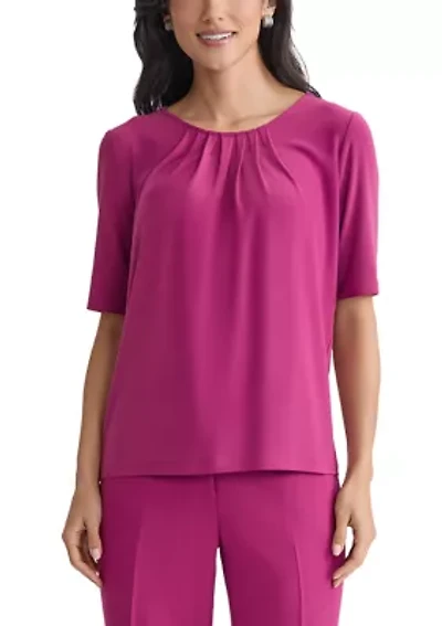 Women's Elbow Sleeve Pleat Neck Knit Top