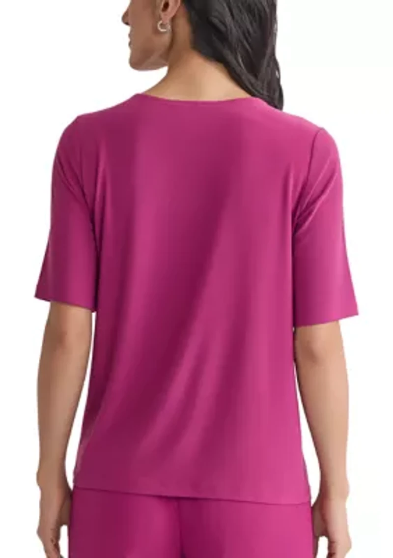 Women's Elbow Sleeve Pleat Neck Knit Top
