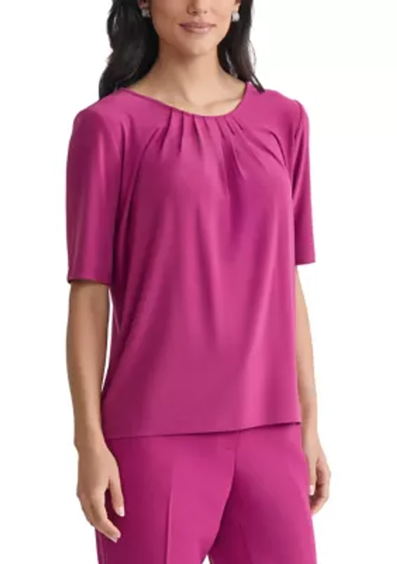 Women's Elbow Sleeve Pleat Neck Knit Top