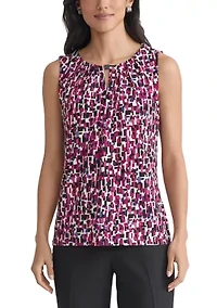 Women's Multi Printed Sleeveless Pleated Neck Knit Top