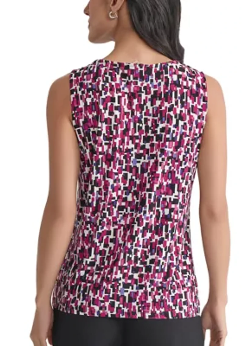 Women's Multi Printed Sleeveless Pleated Neck Knit Top