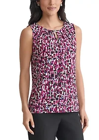 Women's Multi Printed Sleeveless Pleated Neck Knit Top