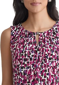 Women's Multi Printed Sleeveless Pleated Neck Knit Top