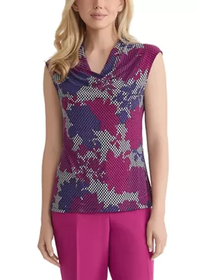 Women's Houndstooth Floral Printed Cowl Neck Knit Top