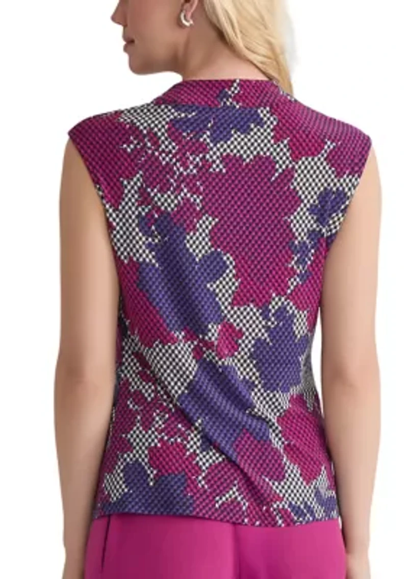 Women's Houndstooth Floral Printed Cowl Neck Knit Top