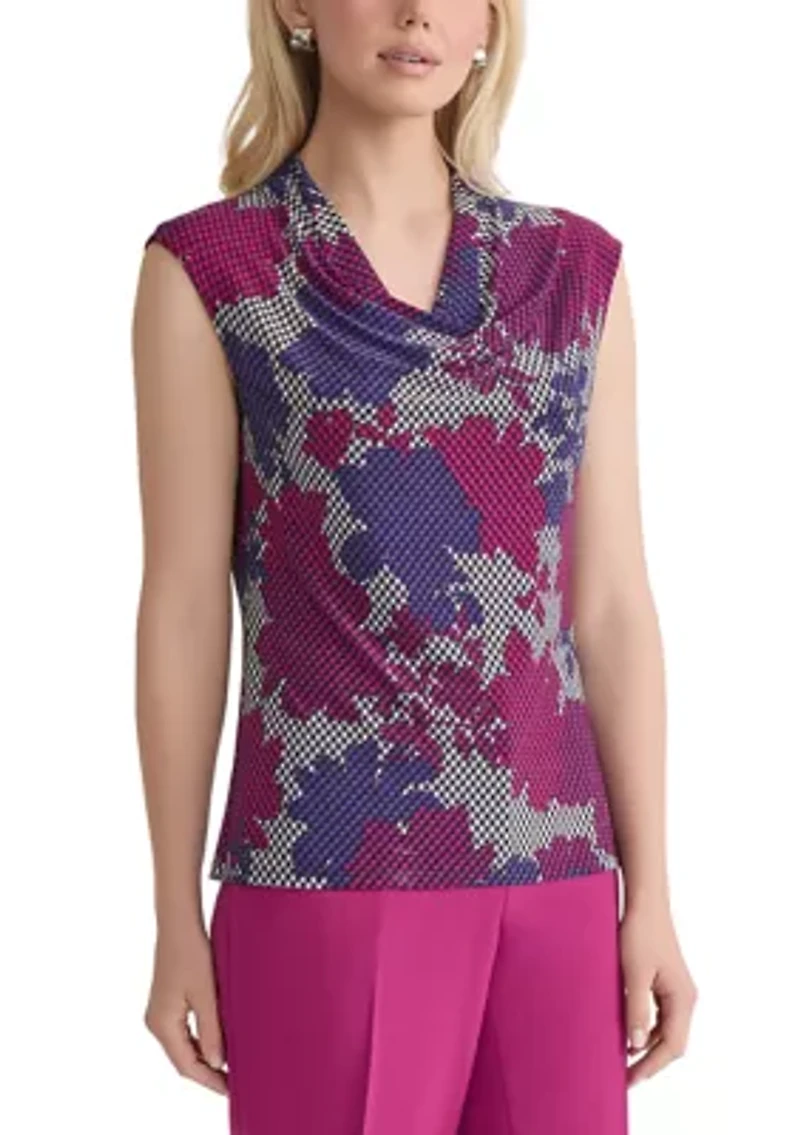 Women's Houndstooth Floral Printed Cowl Neck Knit Top