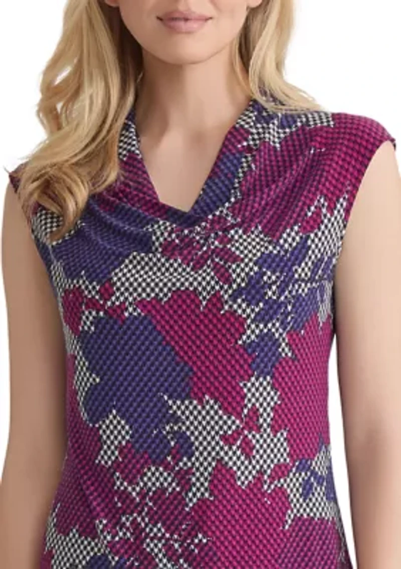 Women's Houndstooth Floral Printed Cowl Neck Knit Top