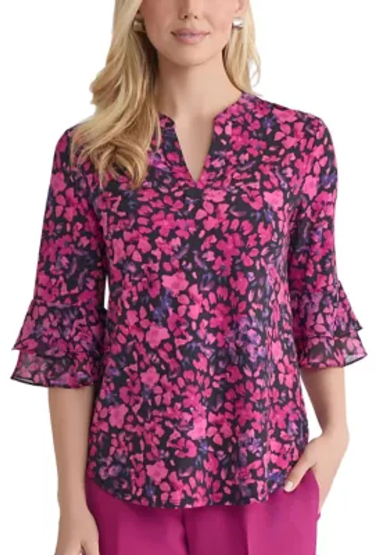 Women's Mini Floral Print 3/4 Bell Sleeve Knit Top