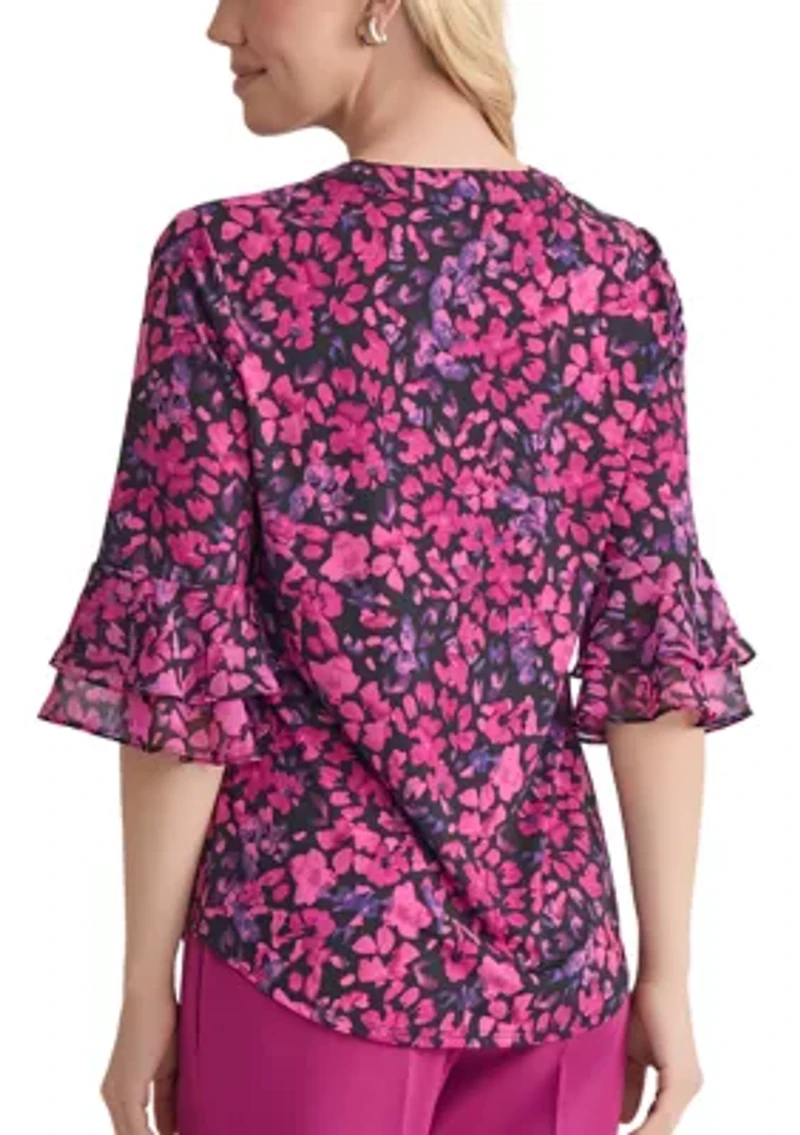 Women's Mini Floral Print 3/4 Bell Sleeve Knit Top