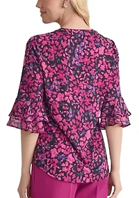 Women's Mini Floral Print 3/4 Bell Sleeve Knit Top