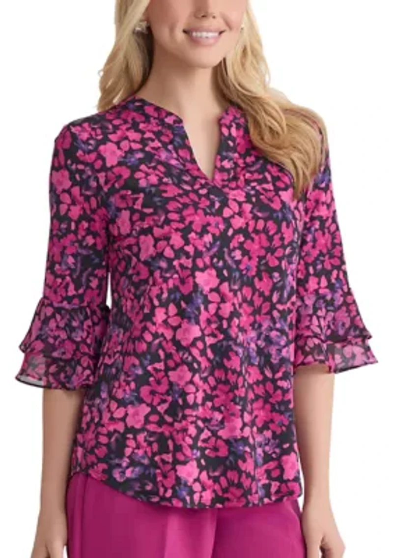 Women's Mini Floral Print 3/4 Bell Sleeve Knit Top