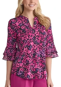Women's Mini Floral Print 3/4 Bell Sleeve Knit Top