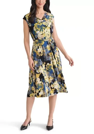 Women's Multi Floral Print Cowl Neck Knit Dress