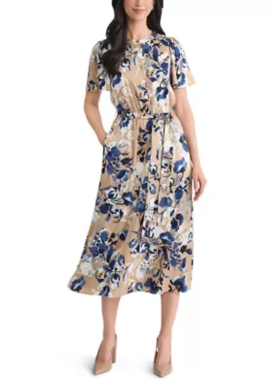 Women's Floral Print Satin Shirt Dress