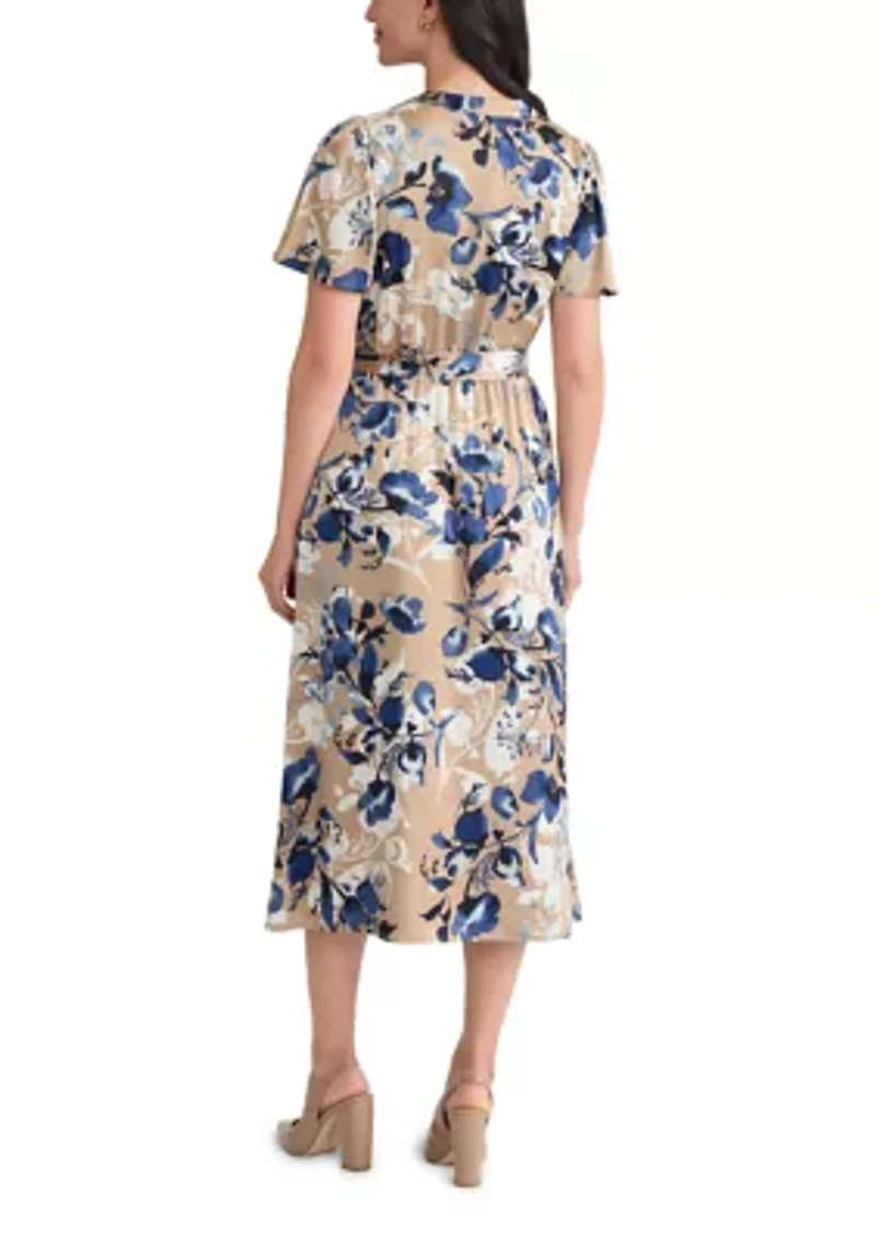 Women's Floral Print Satin Shirt Dress