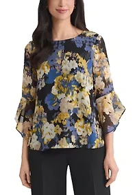 Women's Multi Floral Print Ruffle Sleeve Blouse