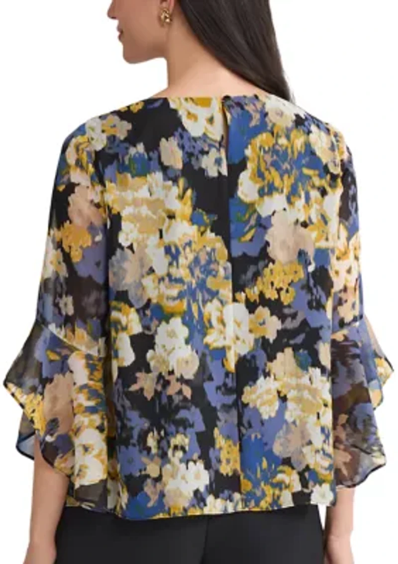 Women's Multi Floral Print Ruffle Sleeve Blouse