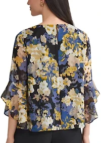 Women's Multi Floral Print Ruffle Sleeve Blouse