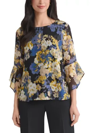 Women's Multi Floral Print Ruffle Sleeve Blouse