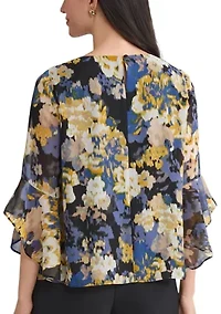 Women's Multi Floral Print Ruffle Sleeve Blouse