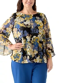 Plus Multi Floral Print Ruffle Sleeve Blouse