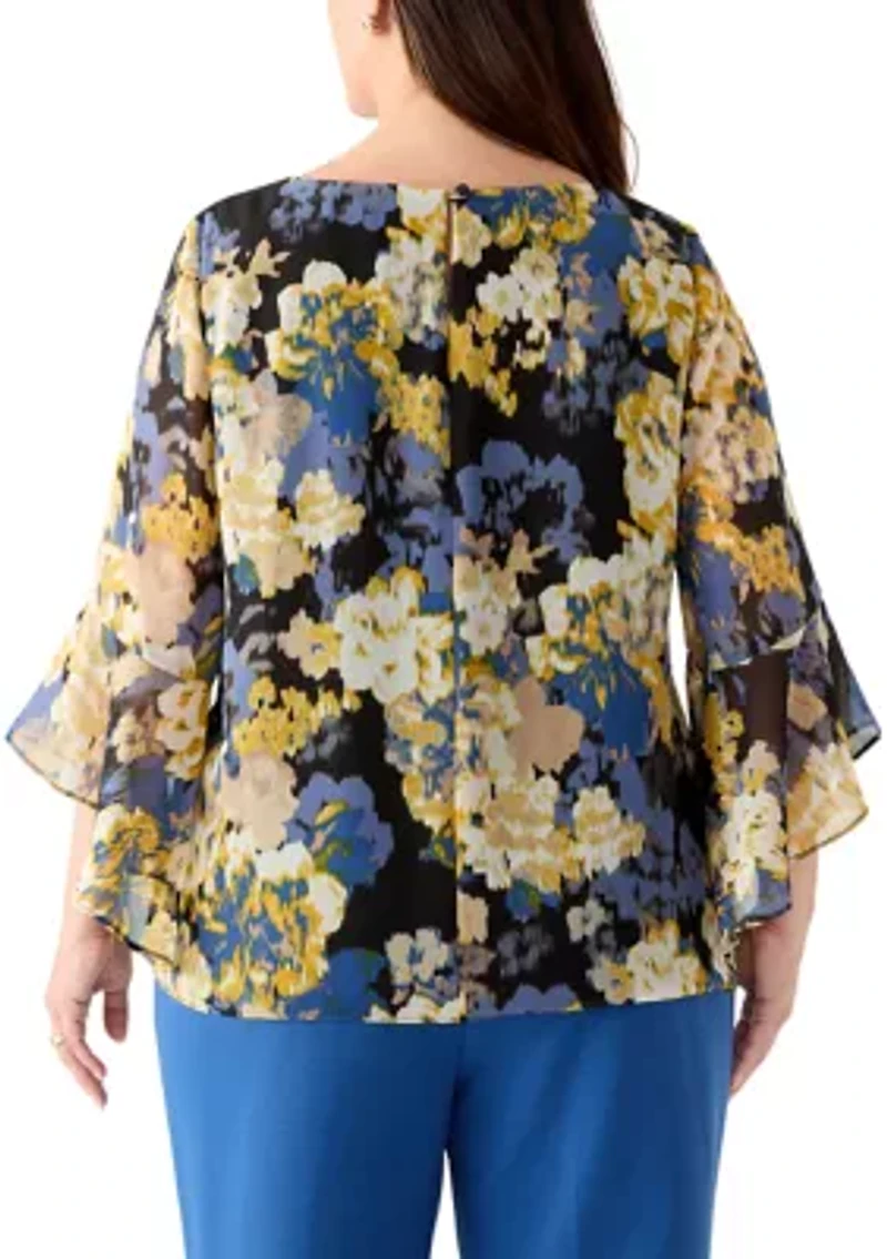 Plus Multi Floral Print Ruffle Sleeve Blouse