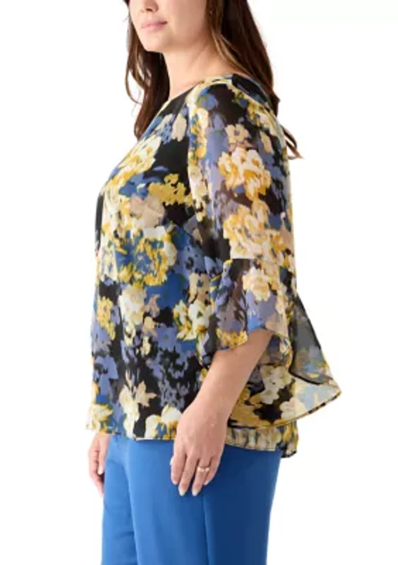 Plus Multi Floral Print Ruffle Sleeve Blouse