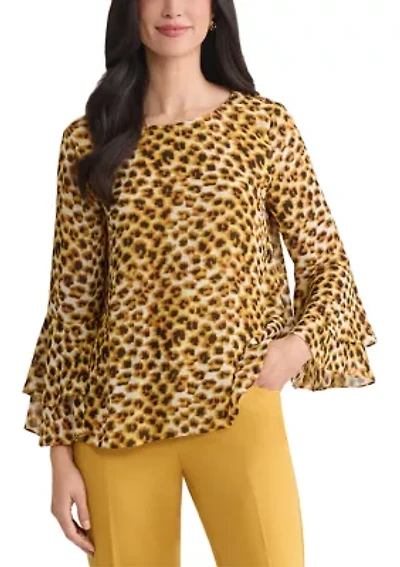 Women's Animal Print Tiered Bell Sleeve Blouse