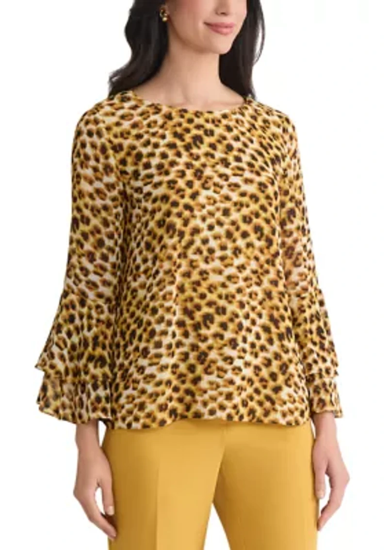 Women's Animal Print Tiered Bell Sleeve Blouse