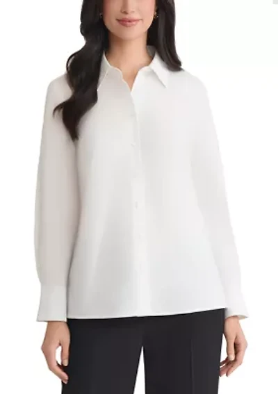 Petite Poplin Button Front Long Sleeve Shirt