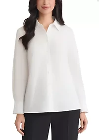 Petite Poplin Button Front Long Sleeve Shirt