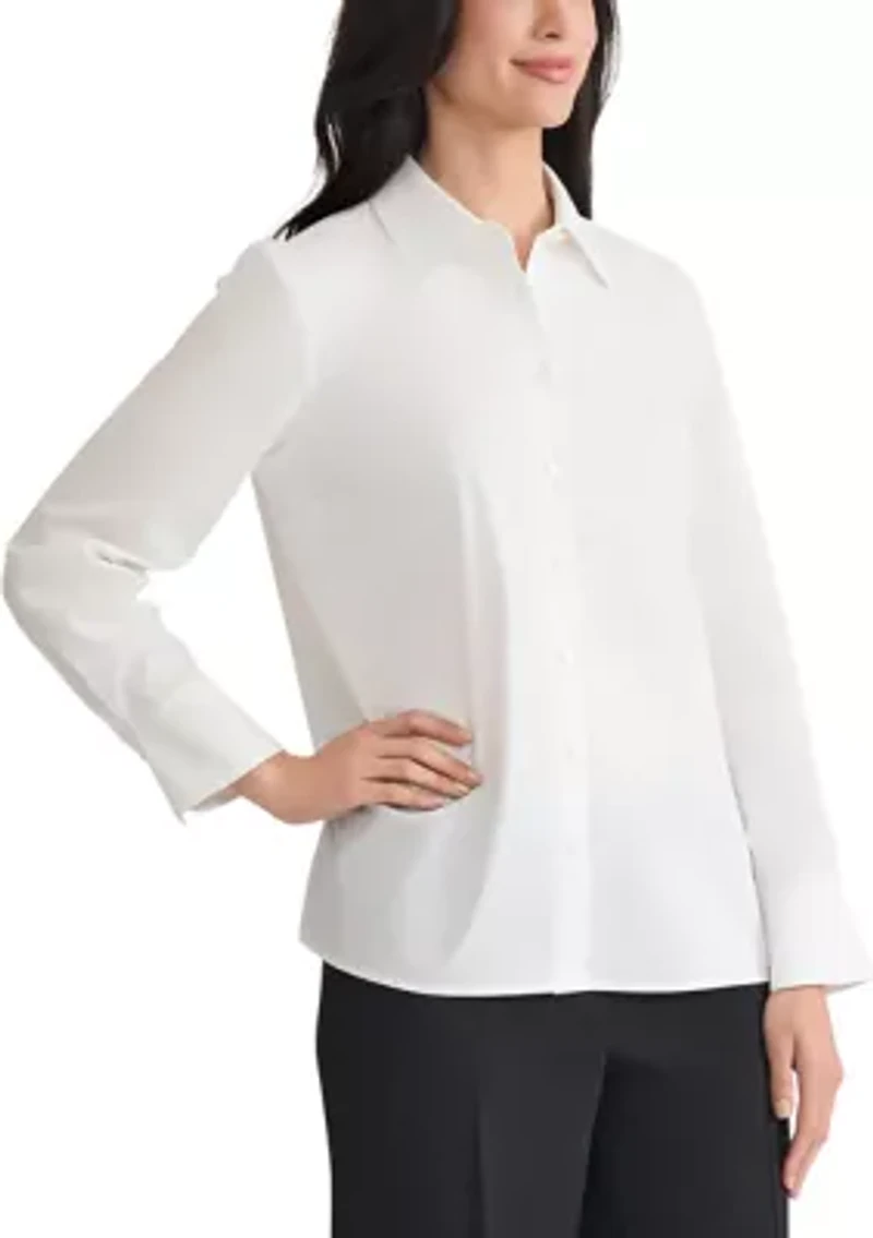 Petite Poplin Button Front Long Sleeve Shirt