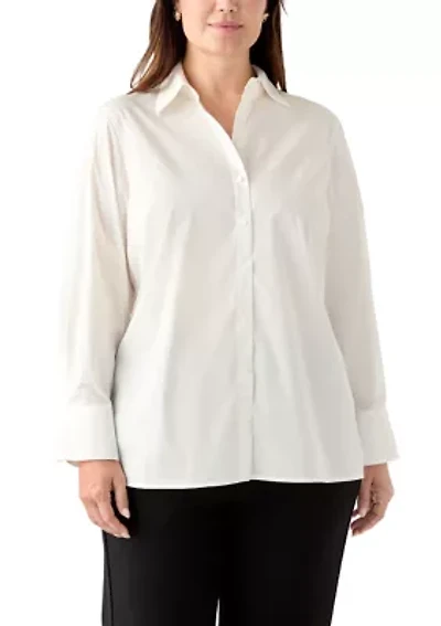 Plus Poplin Button Front Long Sleeve Top