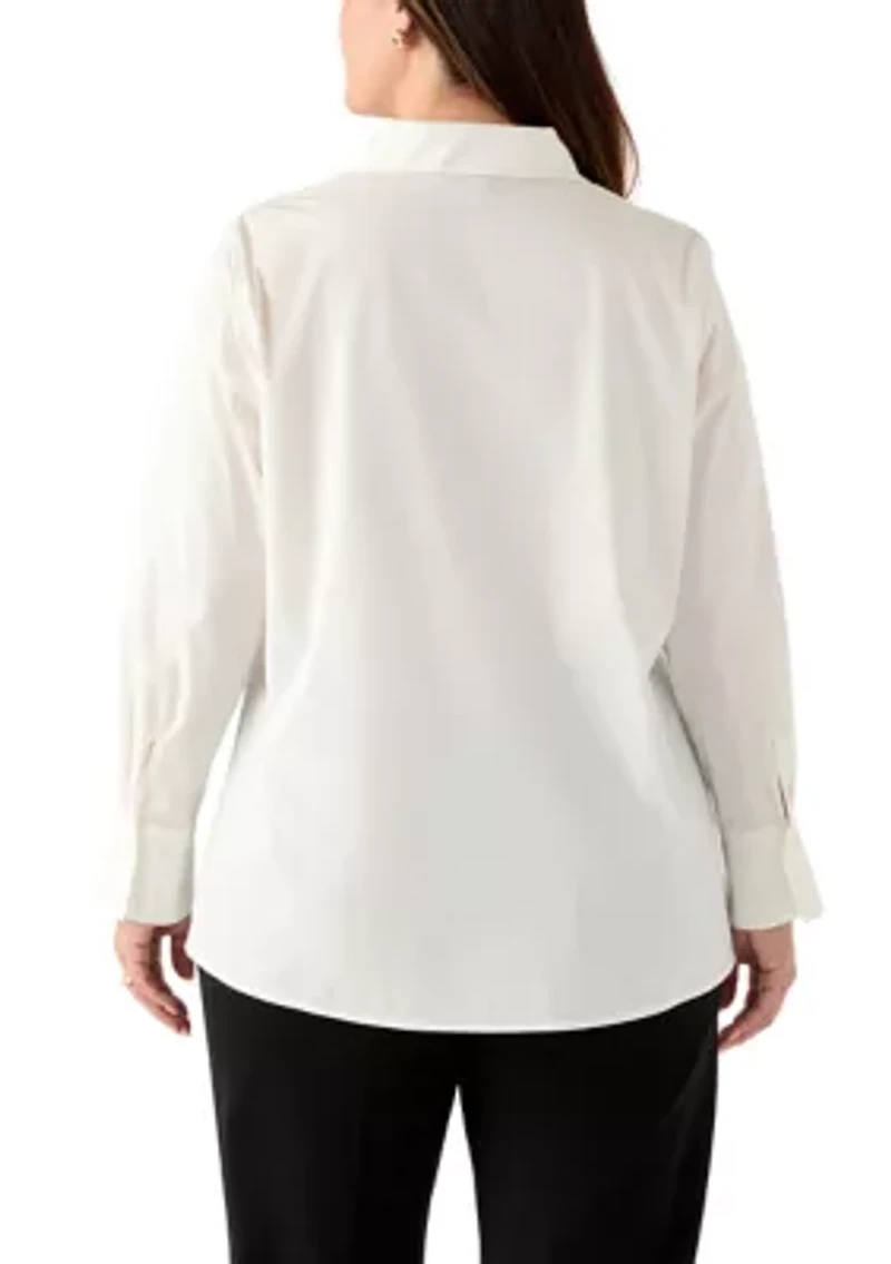 Plus Poplin Button Front Long Sleeve Top