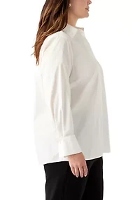 Plus Poplin Button Front Long Sleeve Top