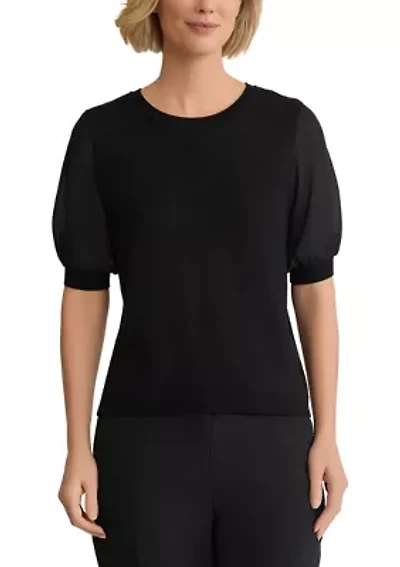 Women's Mixed Media Sweater with Chiffon Sleeves