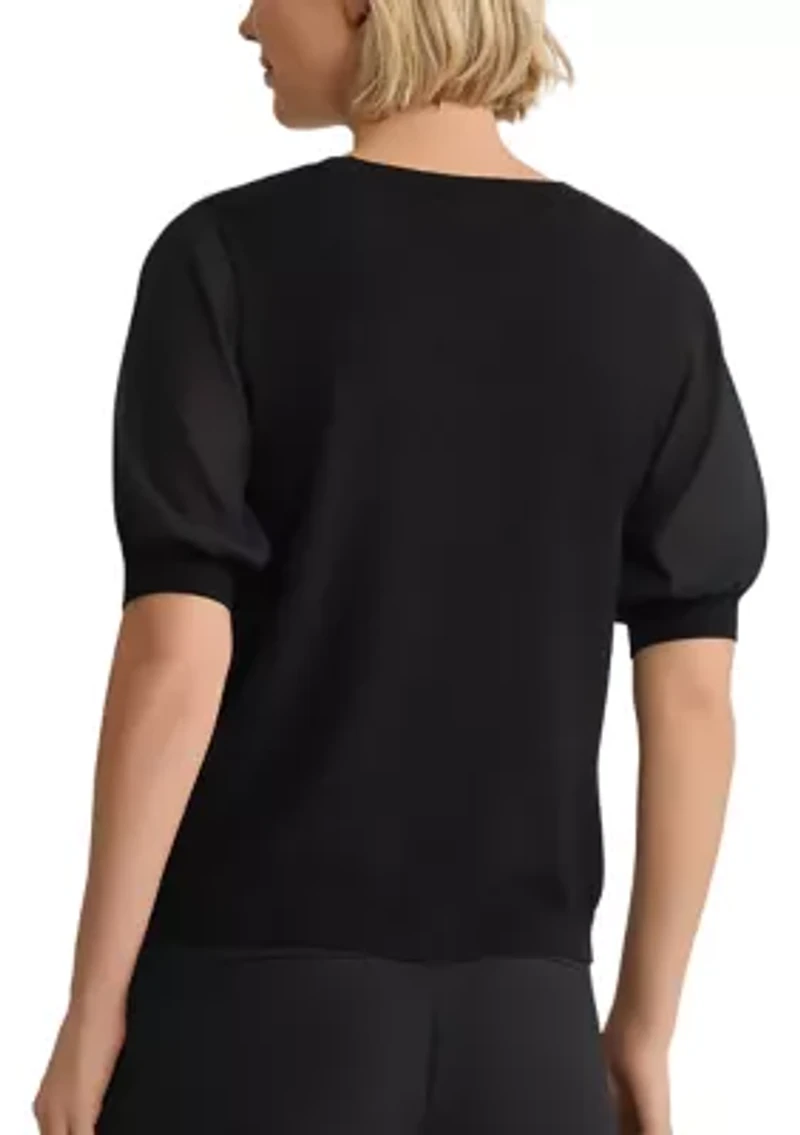 Women's Mixed Media Sweater with Chiffon Sleeves