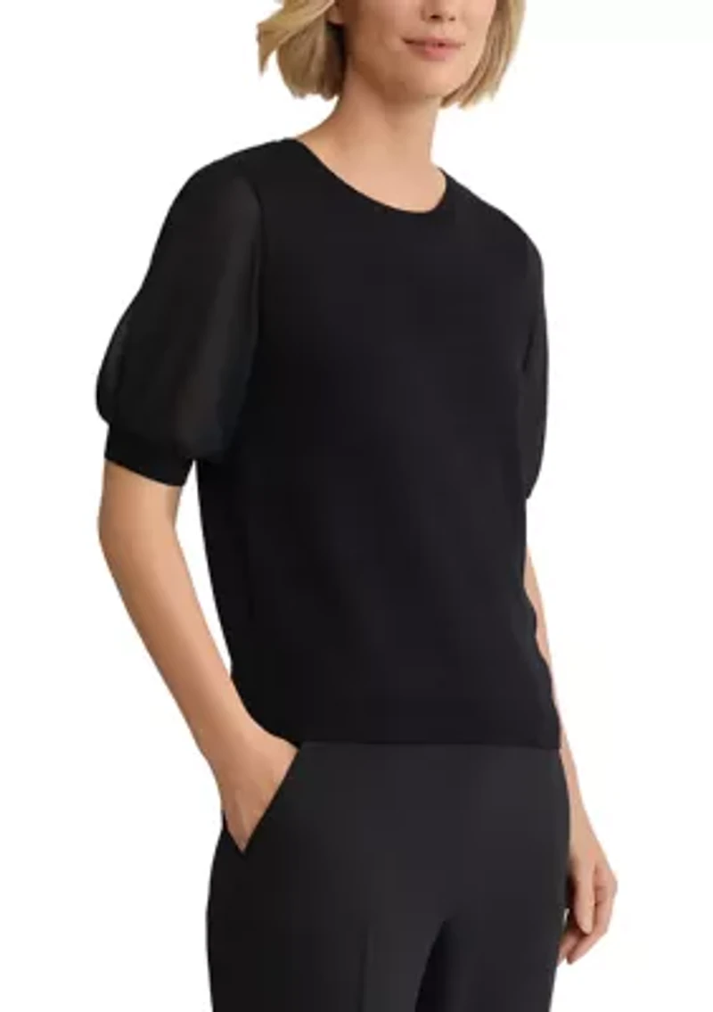 Women's Mixed Media Sweater with Chiffon Sleeves