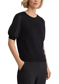 Women's Mixed Media Sweater with Chiffon Sleeves