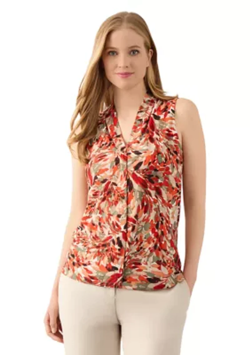 Women's Sleeveless Pleat Neck Placket Front Top