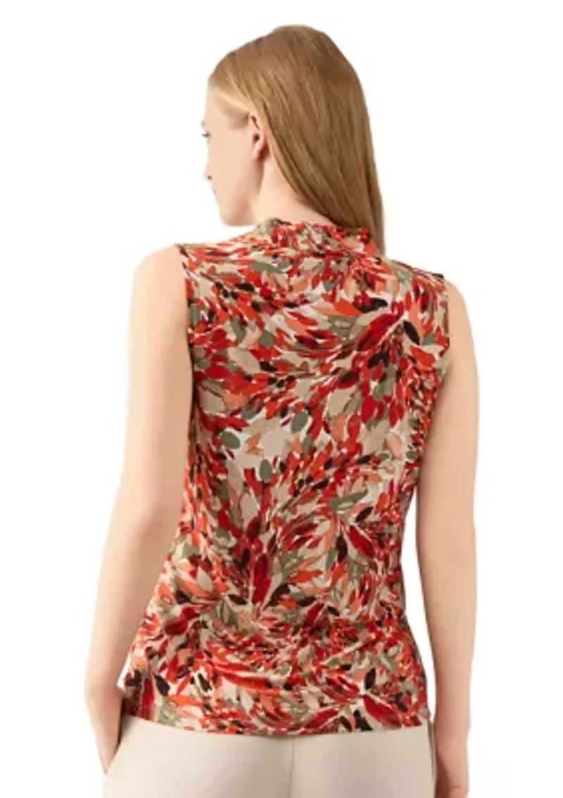 Women's Sleeveless Pleat Neck Placket Front Top