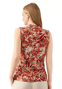 Women's Sleeveless Pleat Neck Placket Front Top
