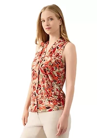 Women's Sleeveless Pleat Neck Placket Front Top
